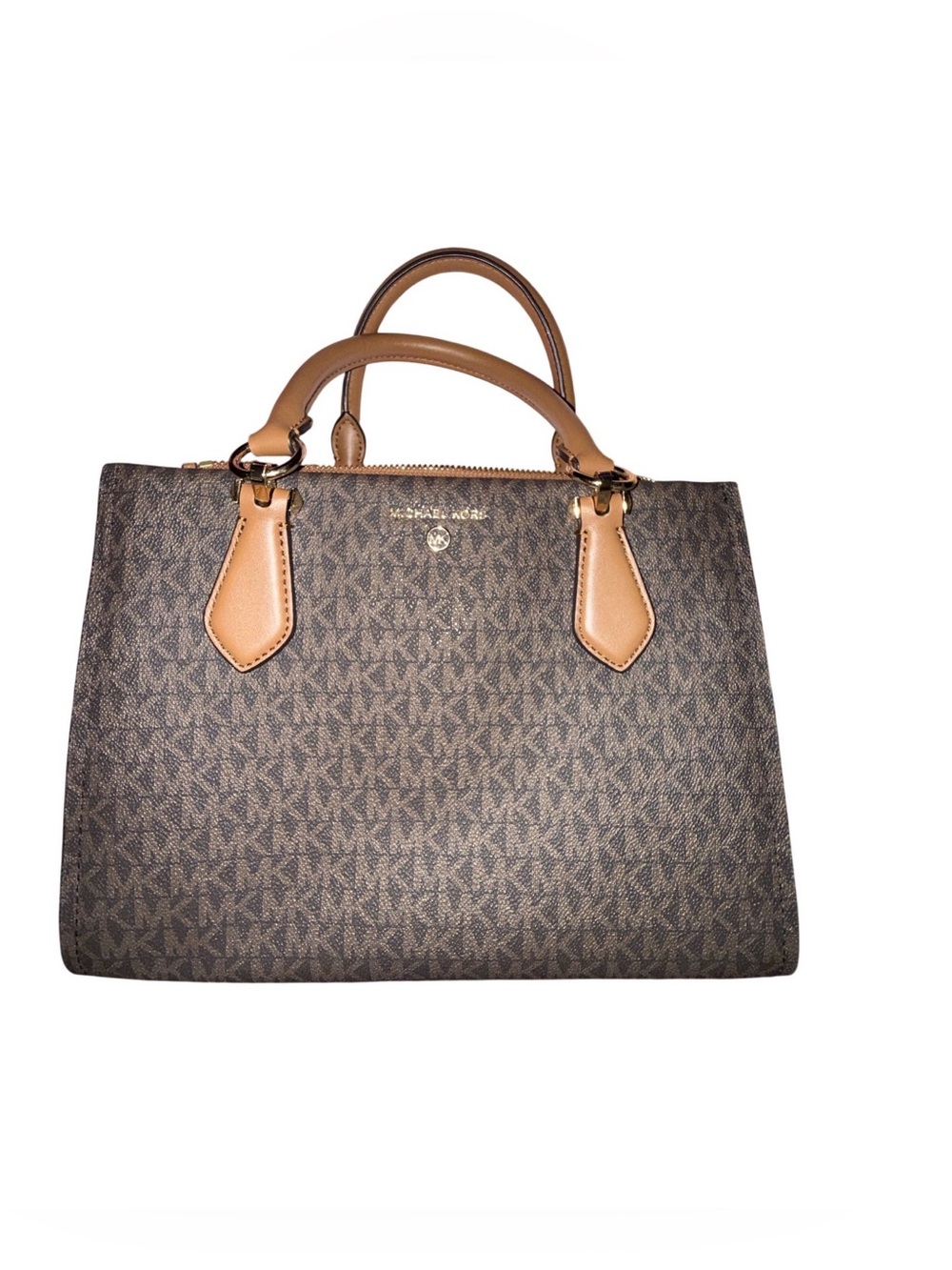 Michael Kors Brown Monogram Satchel with Tan Leather Trim